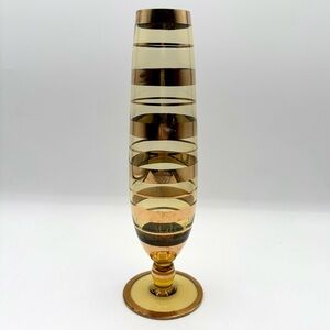 Borske Sklo Amber Glass Vase With Gold Gilded Banded Stripes - Vintage MCM